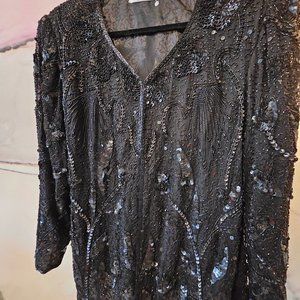 Sweelo Vintage Black Sequin Beaded Blazer